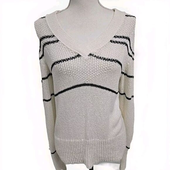 Brochu Walker Sasha Striped V-Neck Knit LS Sweater Cotton Wool Blend Women’s S - Picture 2 of 10